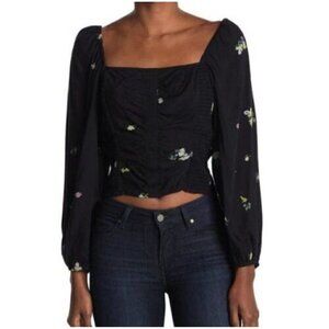 NWT Abound Black Lotta Floral Long Sleeve Smocked Crop Top - XS